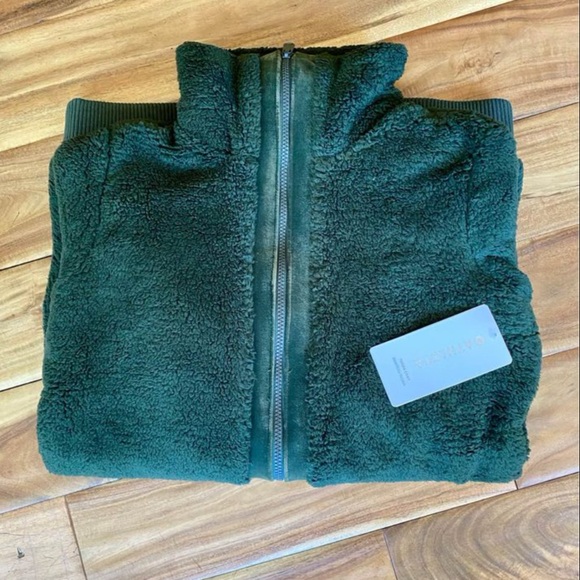 Athleta Tugga Coat Forest Green Sherpa Teddy Jacket Zip Up Velvet Trim XS NWT - Picture 2 of 7